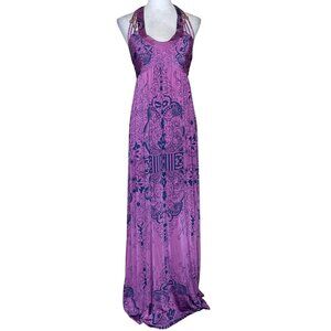 Kouture By Kimora Purple Floral Abstract Halter Bead Accent Padded Maxi Dress M